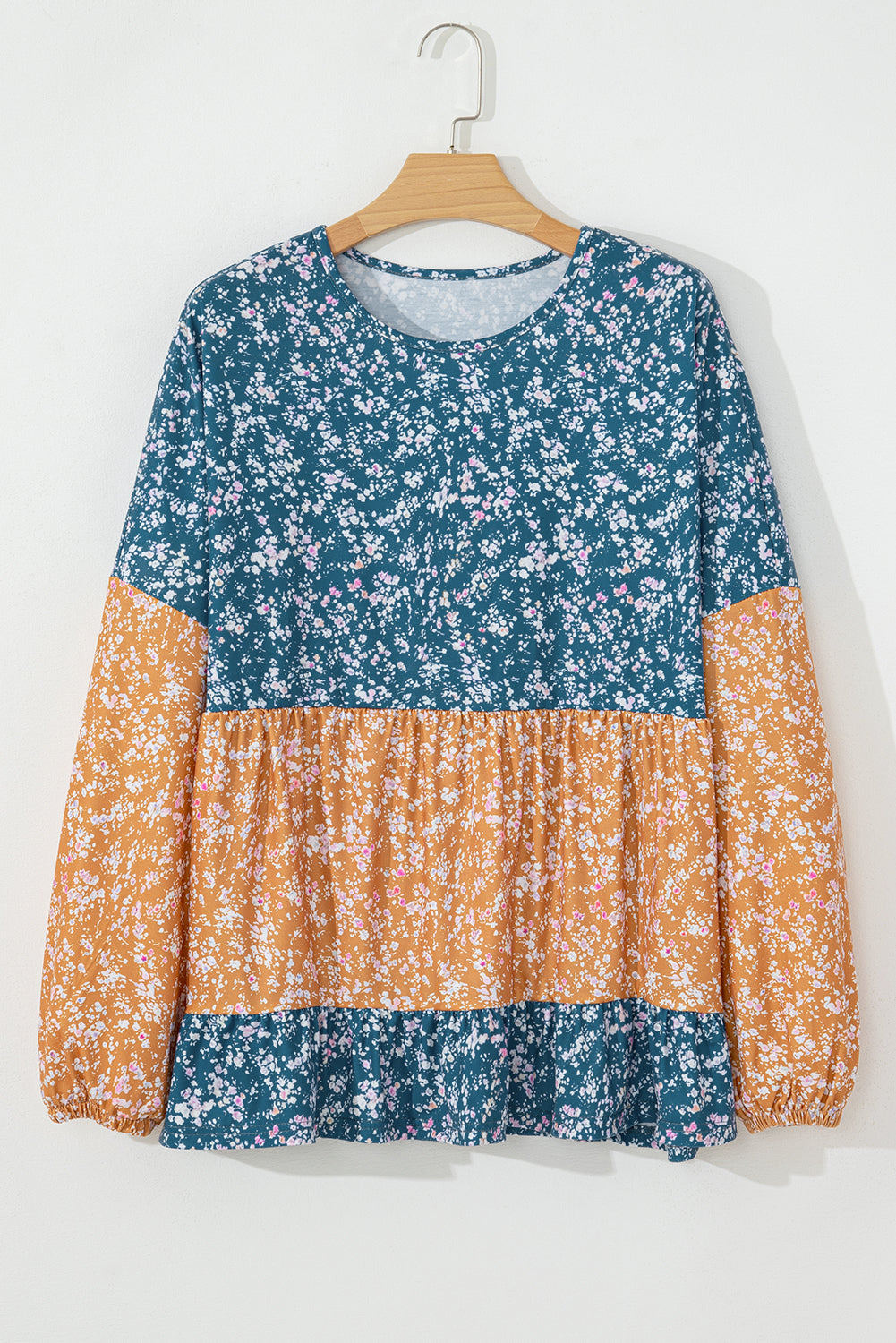 Orange Floral Color Block Ruffled Hem Round Neck Blouse