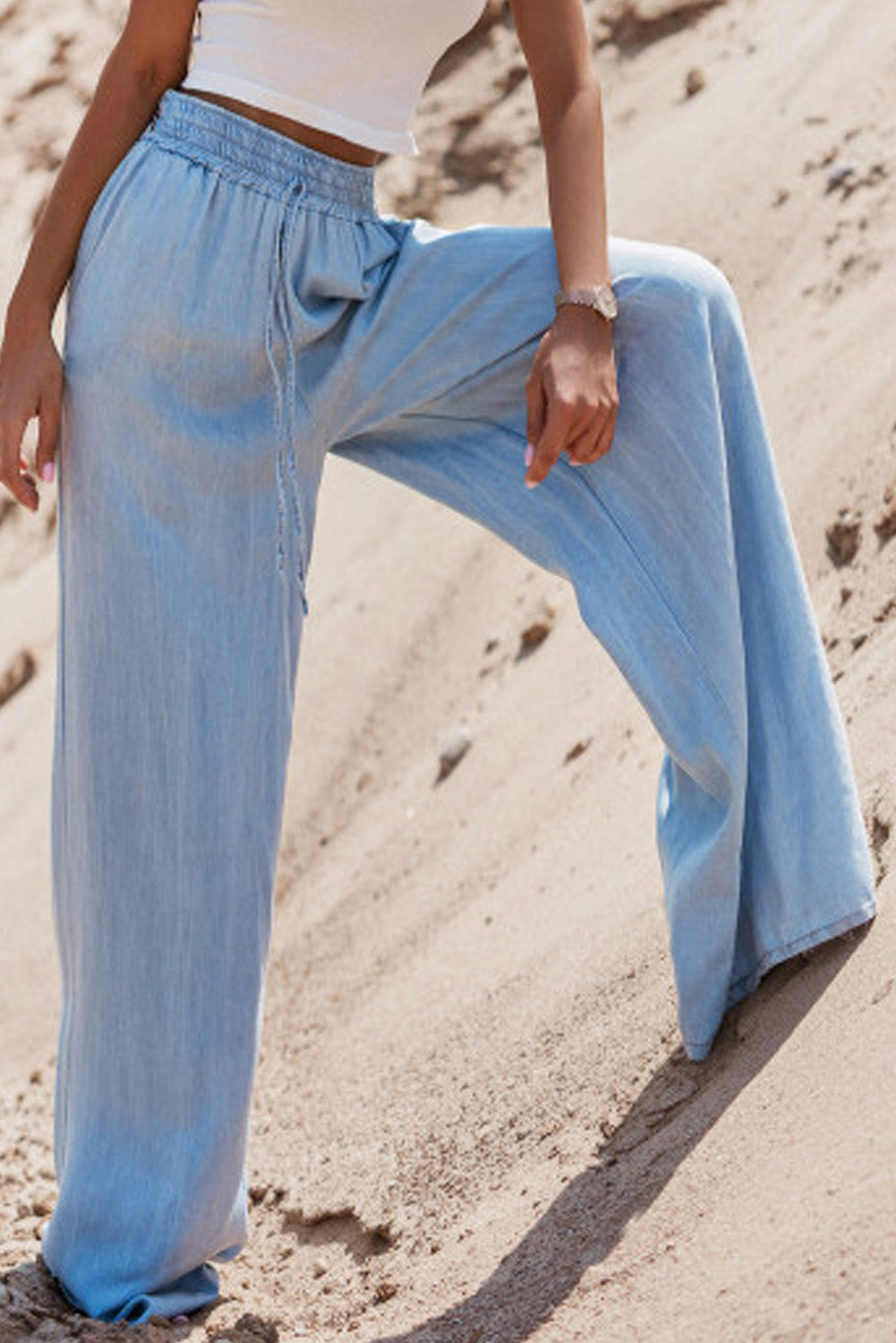 Myosotis Drawstring High Waist Wide Leg Denim Pants