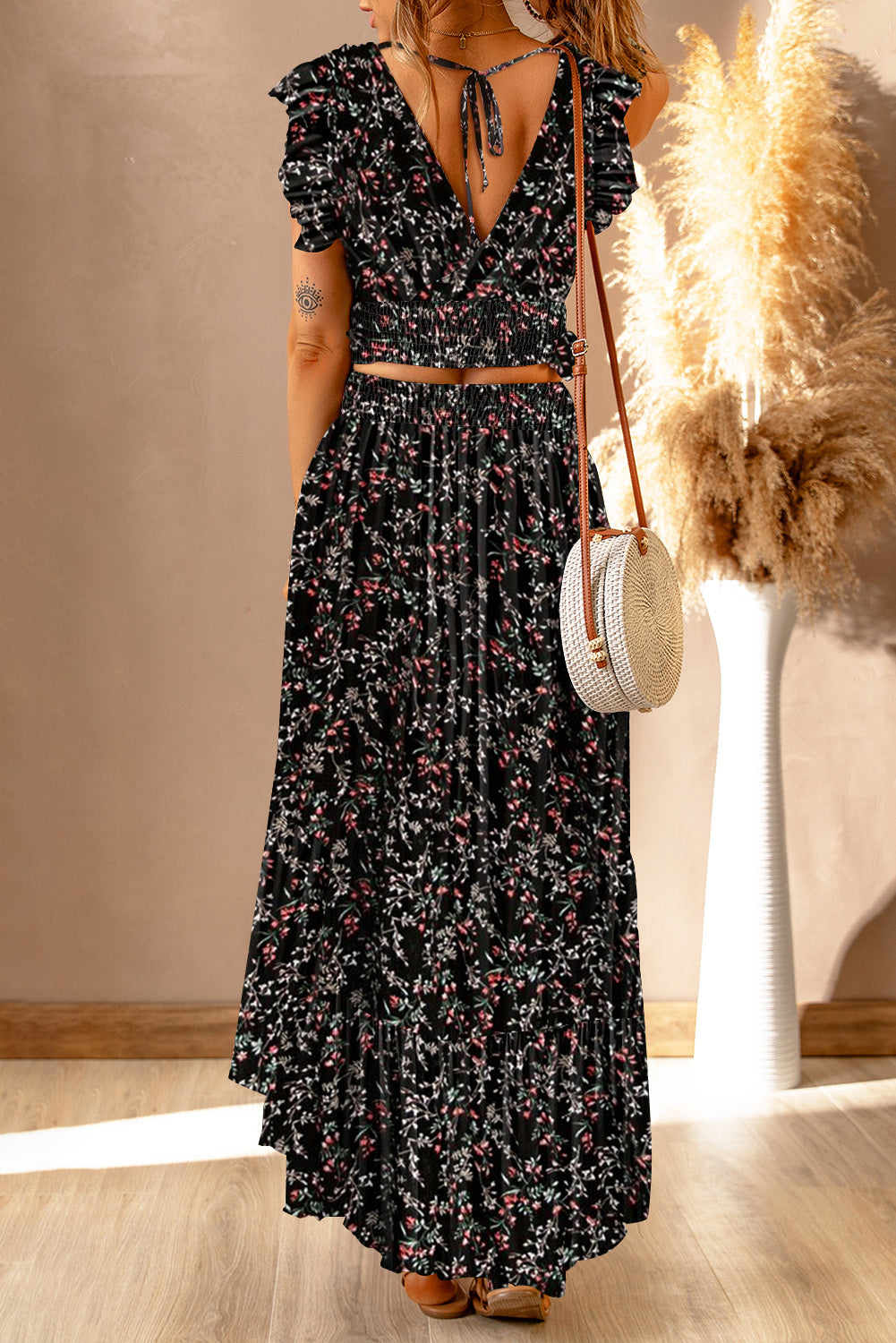 Black Multicolor Floral Ruffled Crop Top and Maxi Skirt Set