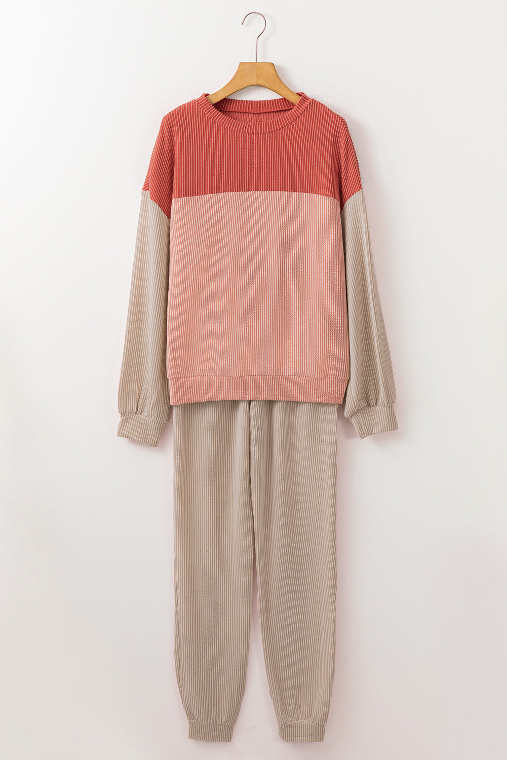 Fiery Red Corded 2pcs Colorblock Pullover and Pants Outfit