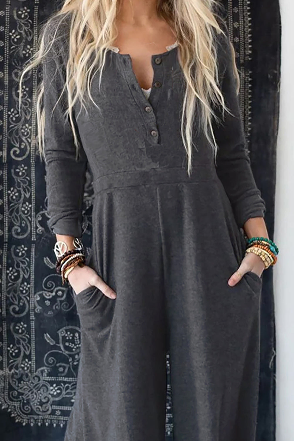 Gray Button Long Sleeve Wide Leg Jumpsuit