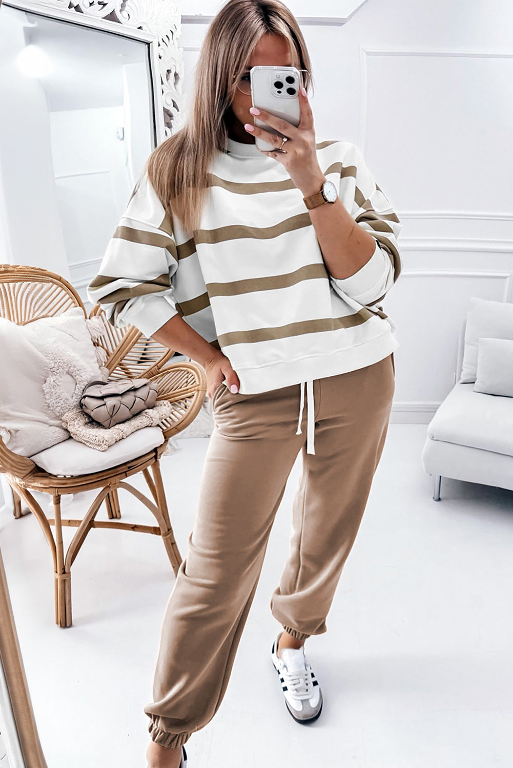 Light French Beige Striped Drop Shoulder Pullover and Jogger Pants Set