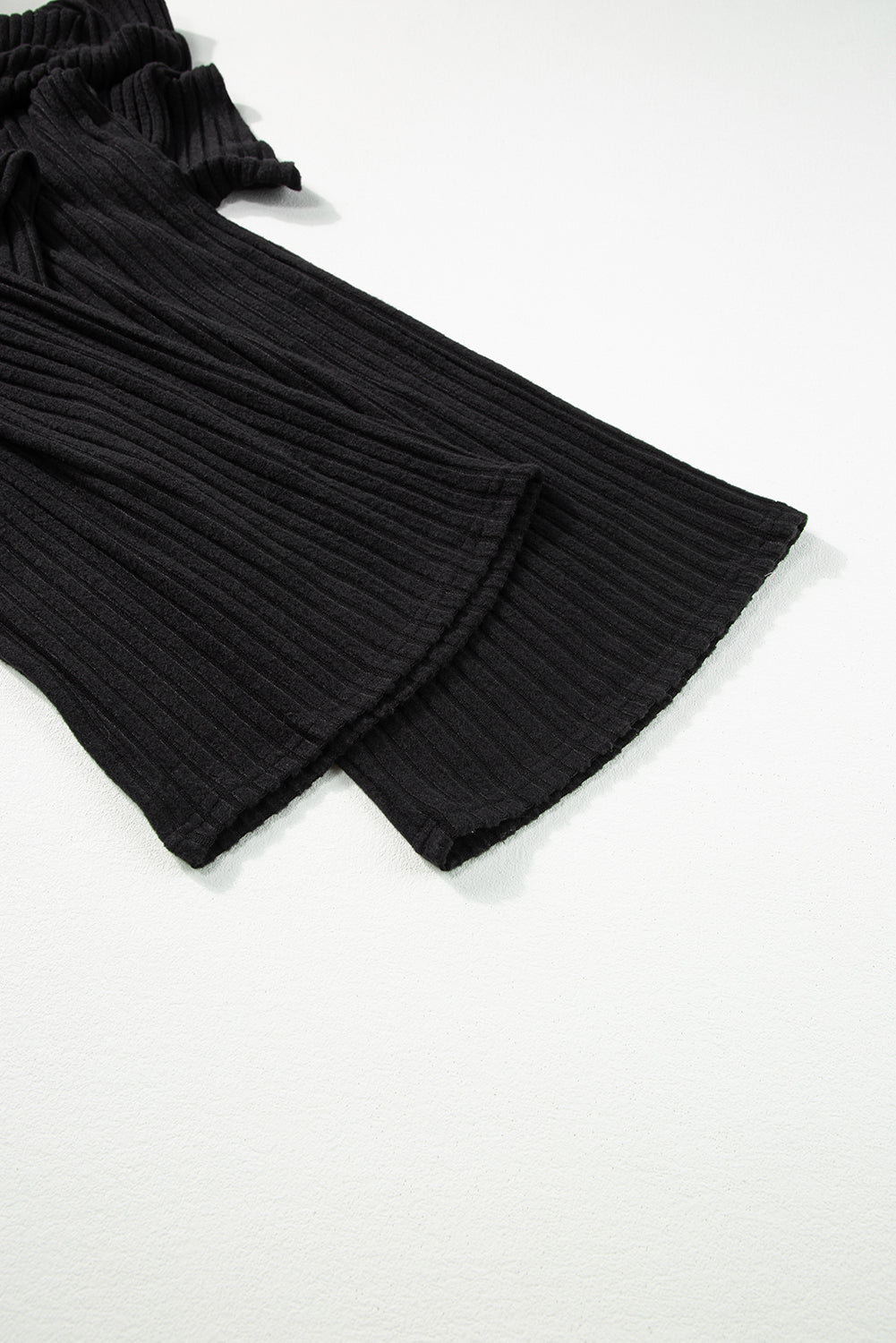 Black Solid Color Ribbed Short Sleeve Wide Leg Jumpsuit