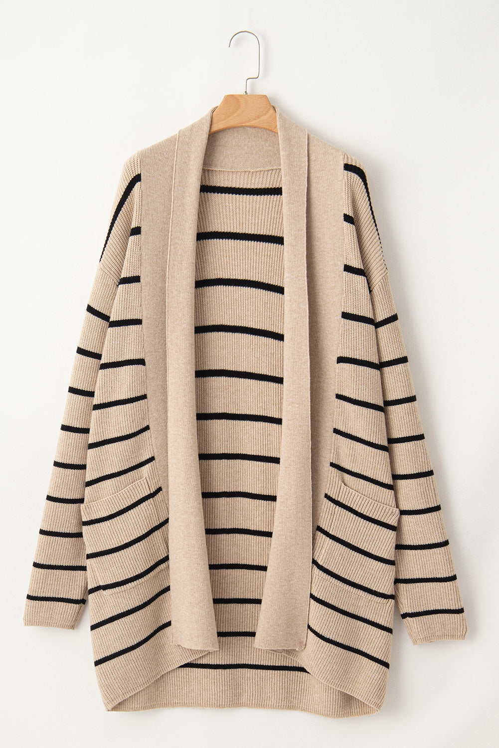 Black Stripe Shawl Neckline Open Cardigan with Pockets