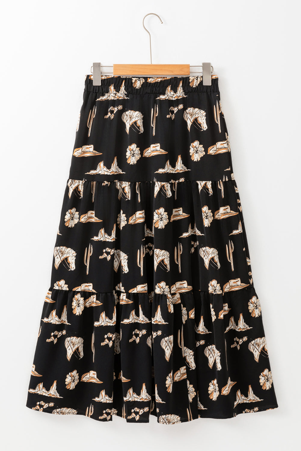 Black Western Print Tiered Ruffled High Waist Maxi Skirt