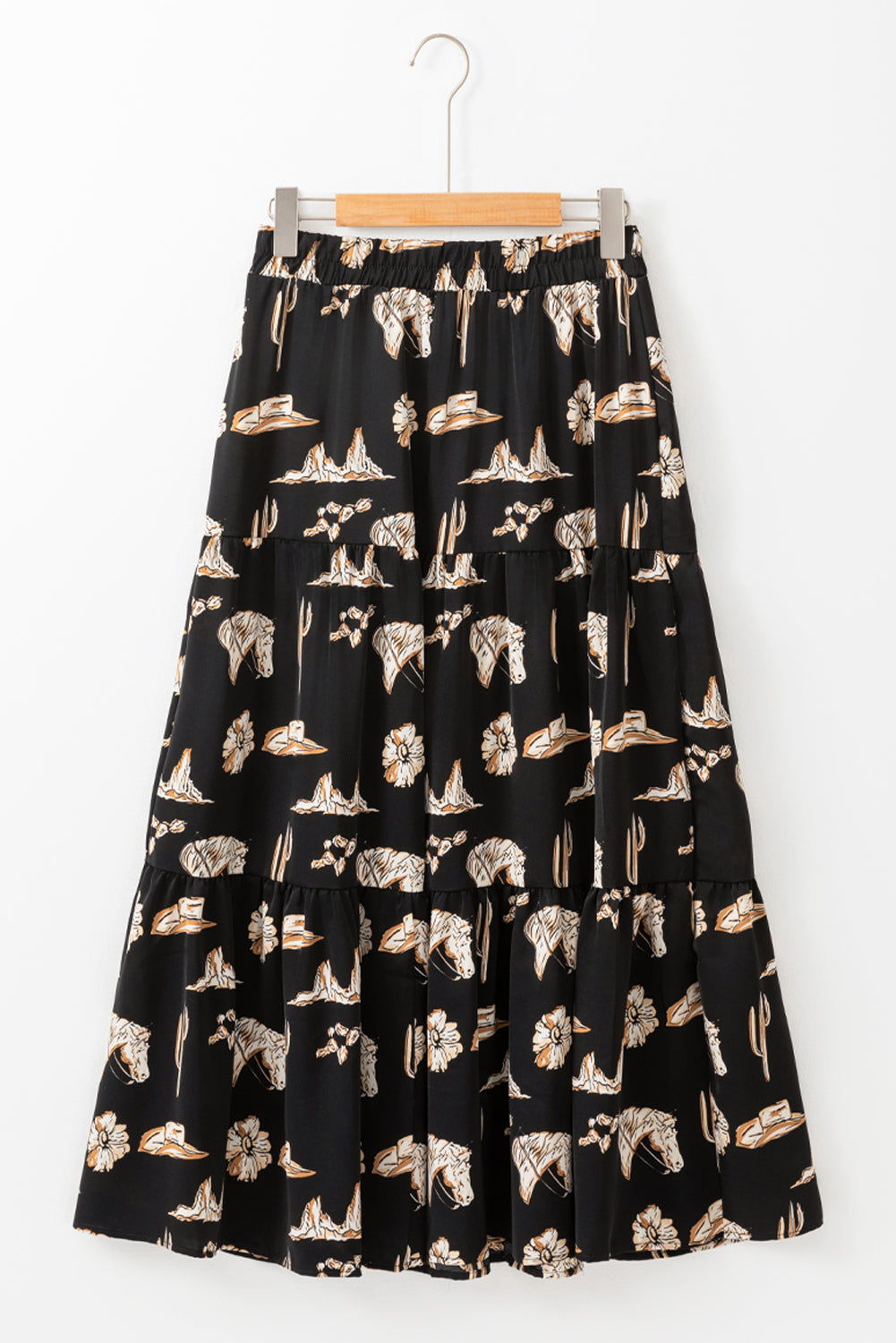 Black Western Print Tiered Ruffled High Waist Maxi Skirt