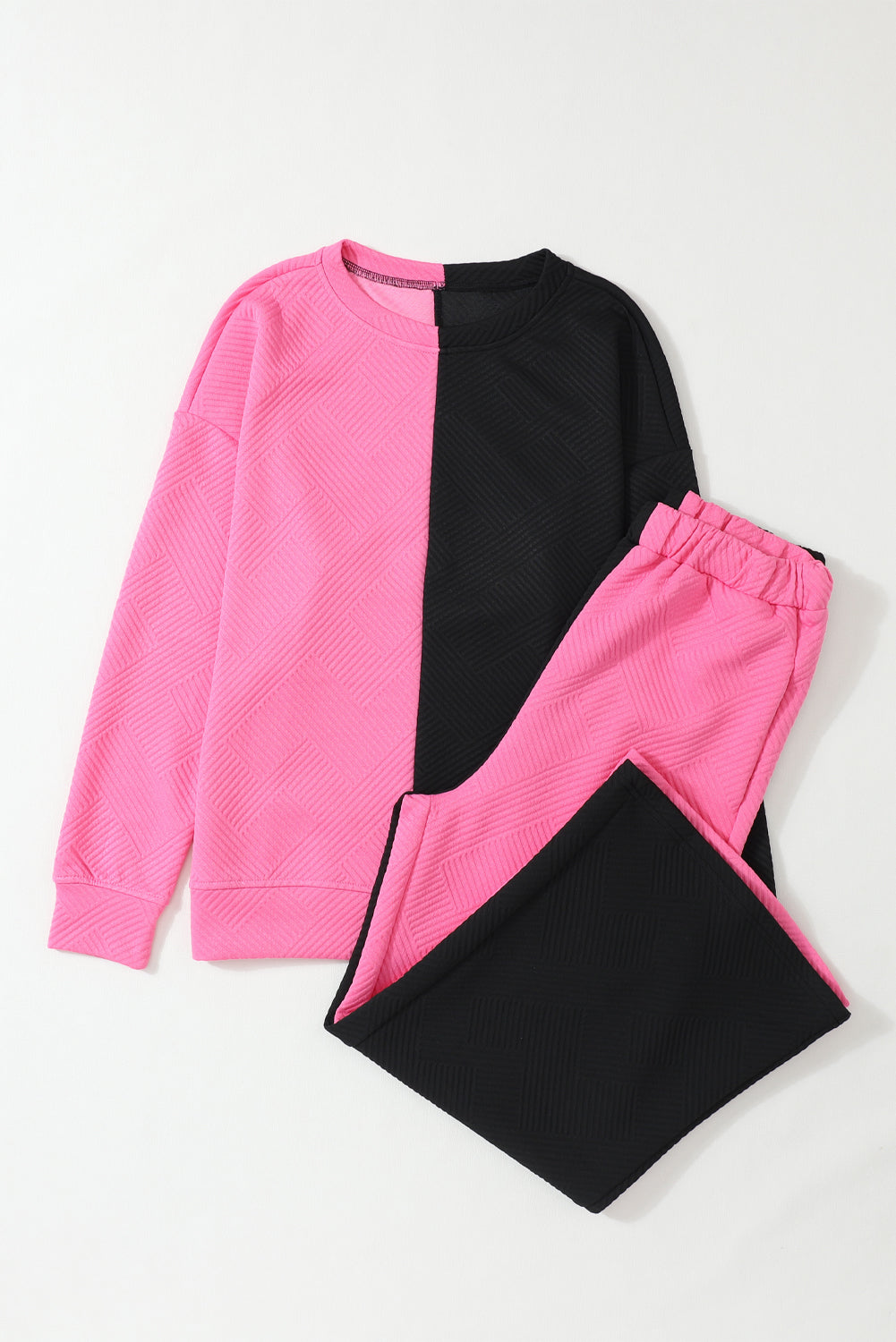 Multicolor Contrast Color Block Textured Casual 2pcs Outfit