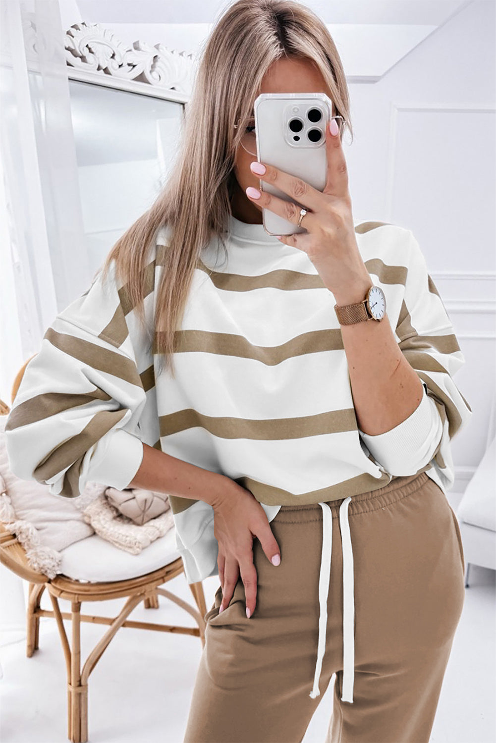 Light French Beige Striped Drop Shoulder Pullover and Jogger Pants Set